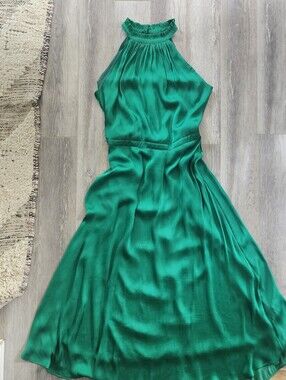 Banana Republic Emerald Green Soft Satin Midi Halter Dress 10T Tall